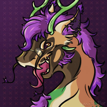 Anthro lizard with ears, green horns, and purple hair sticking their tongue out and smiling. They have round glasses on.