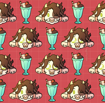 Repeated pattern of a white and brown cow chibi headshot and a strawberry and chocolate sundae.