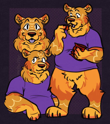Drawings of a yellow and orange bear wearing a purple t-shirt. There's a headshot, a halfbody, and a fullbody.