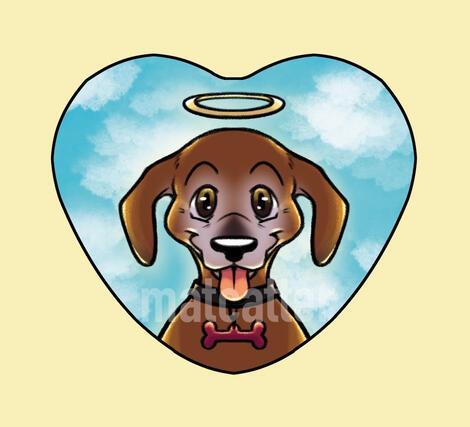 Symmetrical art of a light brown dog smiling with her tongue sticking out. She has a halo over her head, the background is a blue sky with white clouds.